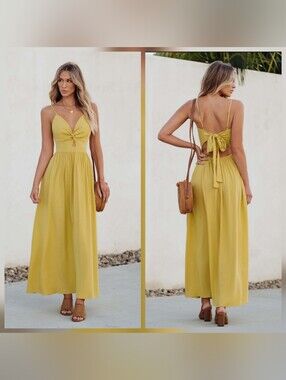 NWT Cupshe Yellow Tie-Back Maxi Dress with Keyhole & Spaghetti Straps, Medium